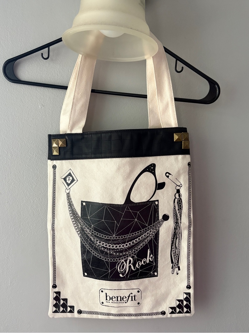 Benefit Cosmetics Cream and Black Graphic Canvas Tote